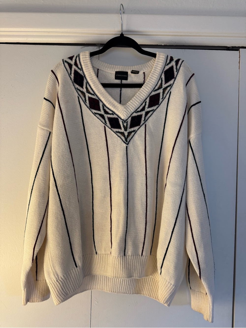 Structure Ivory Knit Sweater with Black and Burgundy Accents